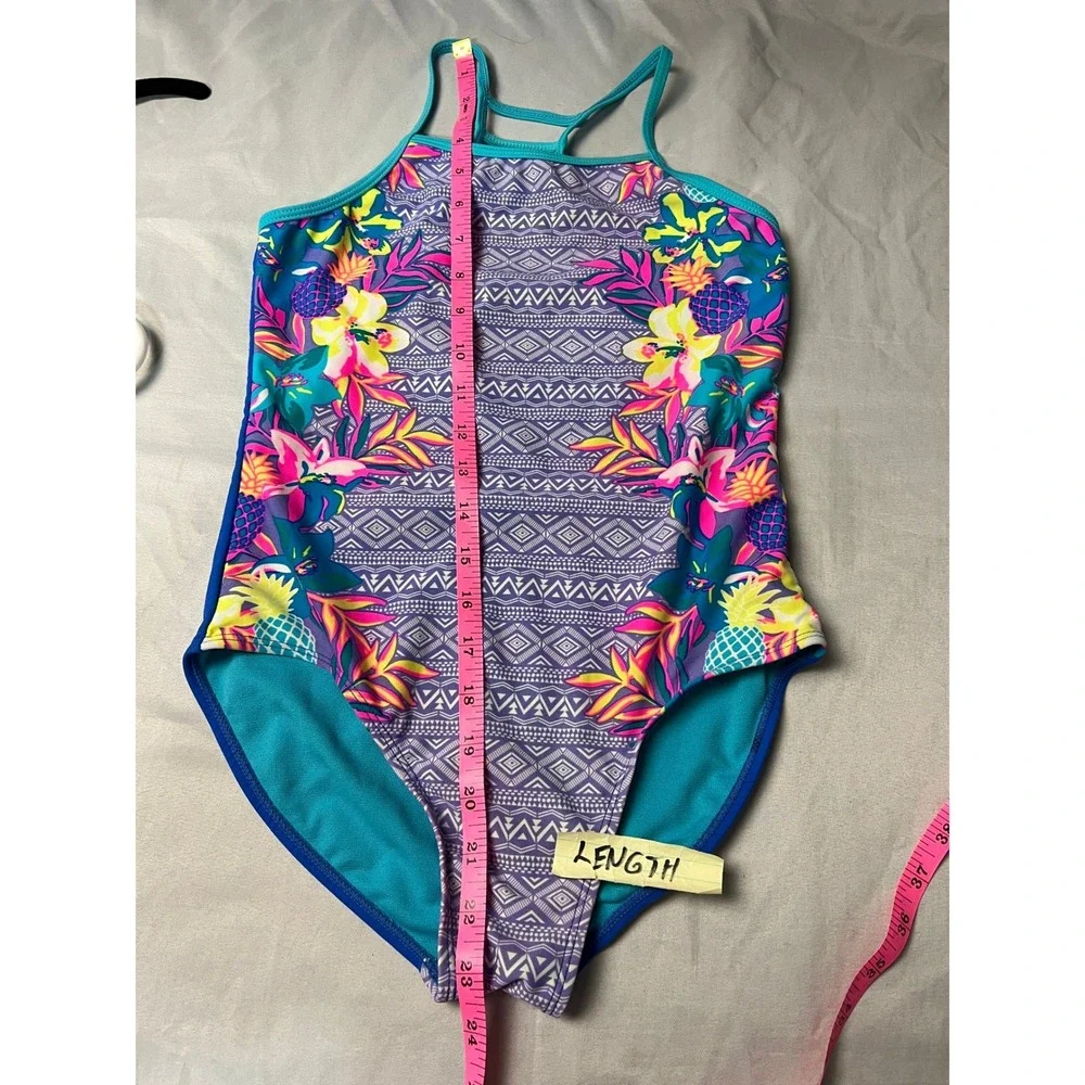 Wonder Nation Girls L 10-12 One Piece Swimsuit Tropical Pineapple Cobalt Crush